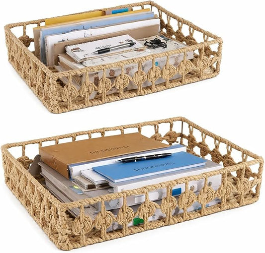2 Pack File Folders Organizer,Woven Storage Basket for Folders,Mail,Letter,Office Supplies Desk Accessories for Women,Paper Letter Tray Desk Organizer,Stackable File Storage Desktop Organizer