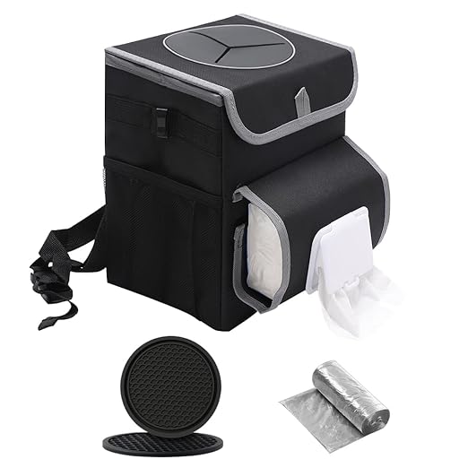upra Car Trash Can with Lid,Bag Hanging Storage Pockets,Adjustable Tissue Holder & Straps,Portable Waterproof Garbage Bin, 1.98 Gal Large Capacity Multipurpose Bin