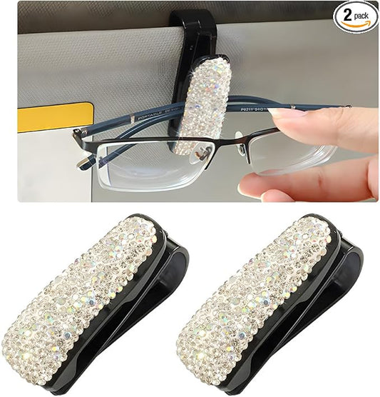 Wevdn 2 PCS Car Sun Visor Glasses Holder, Fashion Bling Car Eyeglasses Sunglasses Hanger for Women Girls, Glasses Holder Clip Hanger Mount with Ticket Card Clip, Car Accessories (AB Colorful)