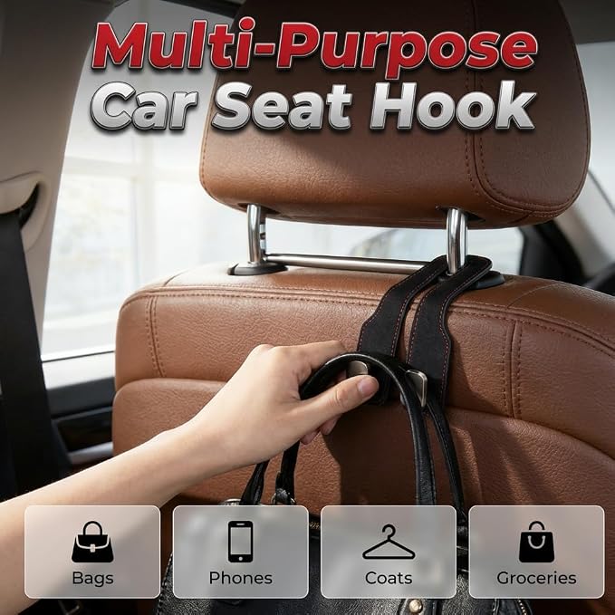 Car Seat Back Storage Hook, 2026 New Car Seat Headrest Hook for Purses and Bags, Leather Car Seat Back Storage Hooks, Car Seat Hangers Organization Accessories (Brown 4pcs)