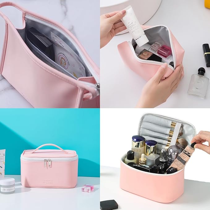 3 Pack Makeup Bag Sets Travel Large Toiletry Bag Portable Cosmetic Zipper Pouch with Brush Organizer Waterproof Small Storage Case for Women and Girls,Light Pink