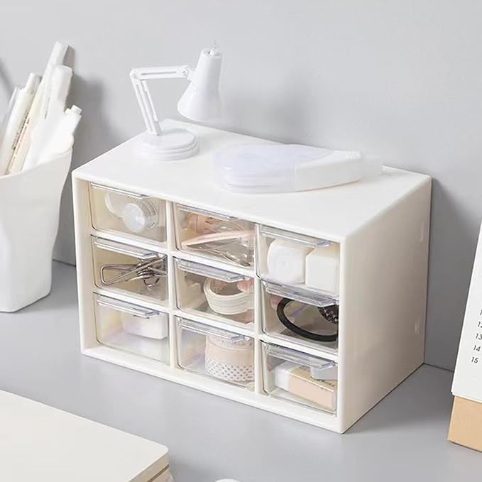 MSUIINT Desk Organizers, 9 Drawers Desktop Organizer, Dustproof Small Organizer with Drawers, Multifunctional Easy to Clean Desk Storage Box for Jewelry Makeup