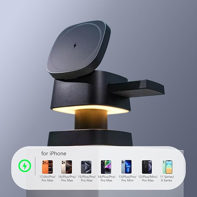 【2026 Upgraded】4 in 1 Wireless Charger, 3 in 1 Wireless Charging Station with Night Light for MagSafe Charger, 15W Magnetic Travel Stand for iPhone17/Air/Pro/Max/16/15/14, Apple Watch, Airpods (Black)