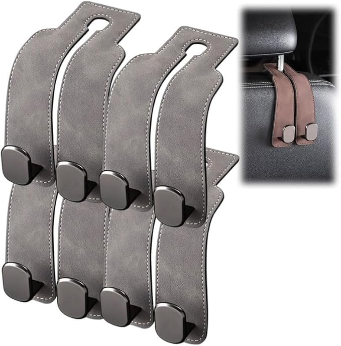 2026 New Car Seat Headrest Hooks for Purses and Bags - Support Car Headrest Hooks for Purses and Bags Coat, Leather Car Bag Purse Holder with Double Hooks (Gray-4PC)