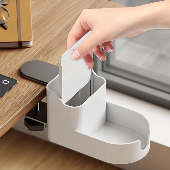 Clamp On Desktop Shelf Organizer - Under Desk Storage Tray with Cup Holder, No Drill Installation, Adjustable Shelf for Phone, Pen & Office Supplies