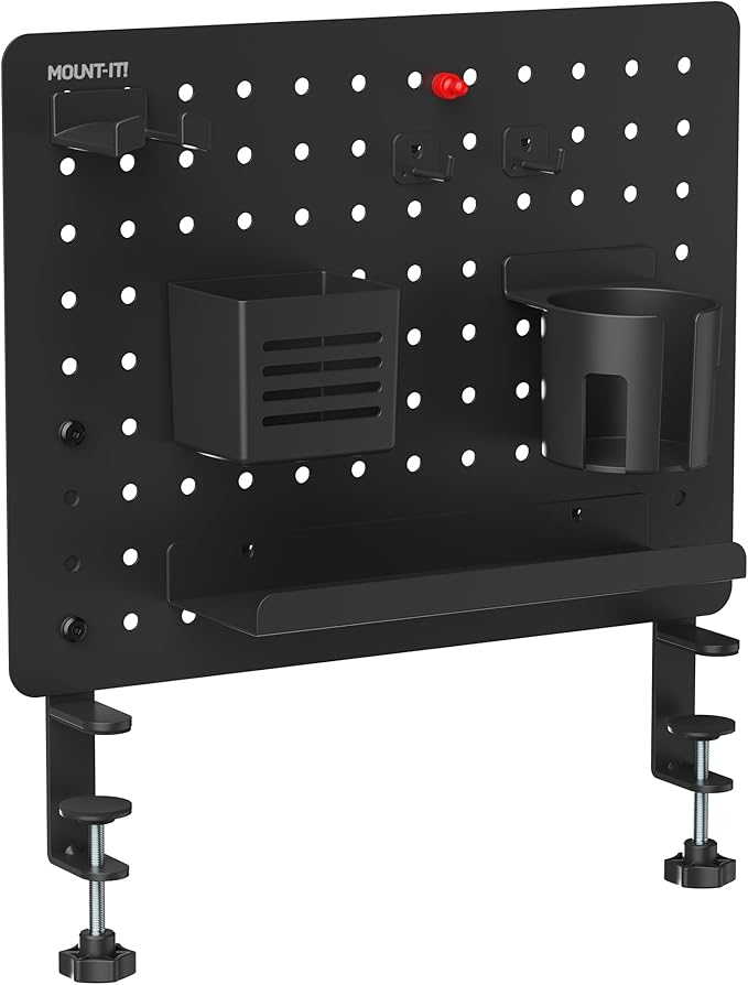Mount-It! Clamp-On Pegboard Organizer | Adaptable Desk Storage for Home Office, Gaming & Crafting | Easily Organize Essentials with Shelf, Cup Holder & Hooks (Black)