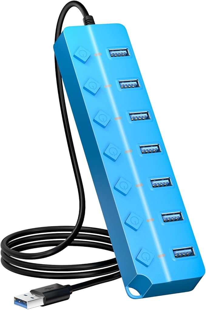 ONFINIO USB Hub 3.0, 7-Port USB Hub Splitter with Individual On/Off Switches and Lights, 3.2ft/1m Long Cable Compatible with MacBook, Laptop, Surface Pro, PS4, PC, Flash Drive, Mobile HDD-Blue