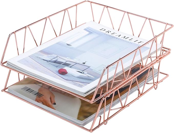 PAG Set of 2 Office Supplies Metal Stackable File Document Letter Tray Organizer for Desk, Rose Gold