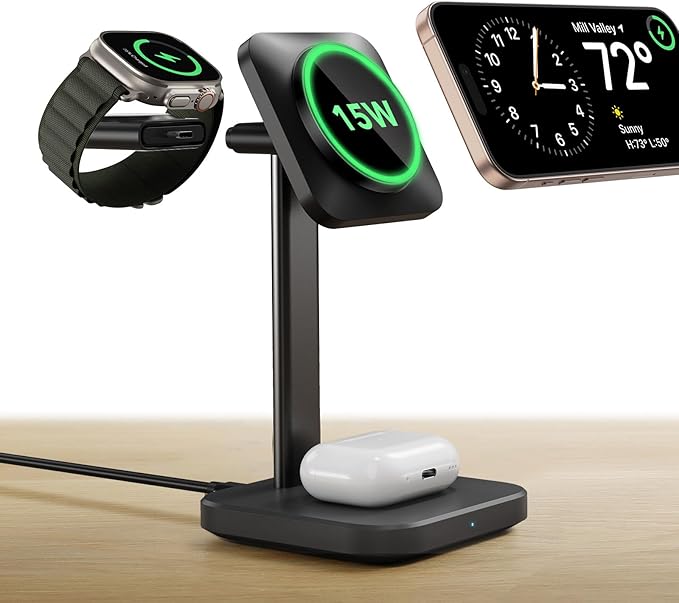 ESR Qi2 3 in 1 Wireless Charging Station, [Certified] Apple Watch Charger & 15W Qi2 MagSafe Charger Stand for iPhone, Wireless Charger for Multiple Devices iPhone 16/15/14/13&Watch&AirPods,Black