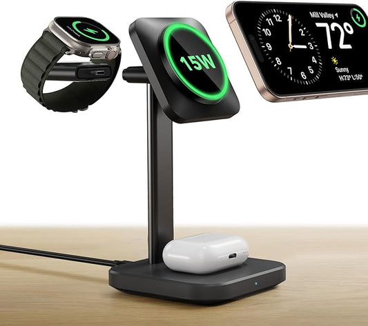 ESR Qi2 3 in 1 Wireless Charging Station, [Certified] Apple Watch Charger & 15W Qi2 MagSafe Charger Stand for iPhone, Wireless Charger for Multiple Devices iPhone 16/15/14/13&Watch&AirPods,Black