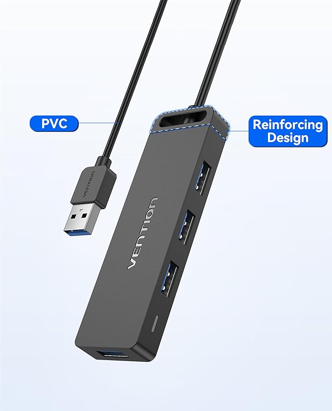 USB Hub VENTION 4-Port USB 3.0 Hub 1.5FT Ultra-Slim Data USB Splitter Charging Supported Compatible with MacBook, Laptop, Surface Pro, PS4, PC, Flash Drive, Mobile HDD