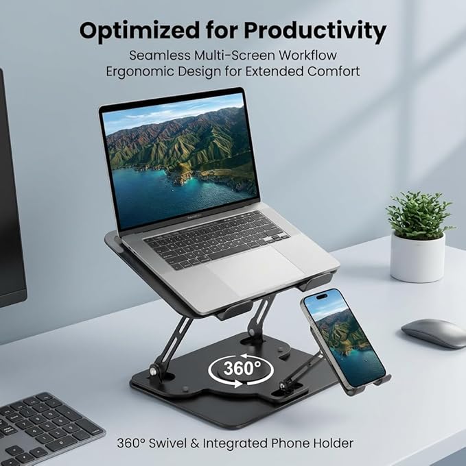 Laptop Stand for Desk,Adjustable Computer Stand with 360° Rotating Base,2-in-1 Laptop Stands with Phone Holder,Ergonomic Laptop Riser for Collaborative Work,fits for All 10-16" Laptops