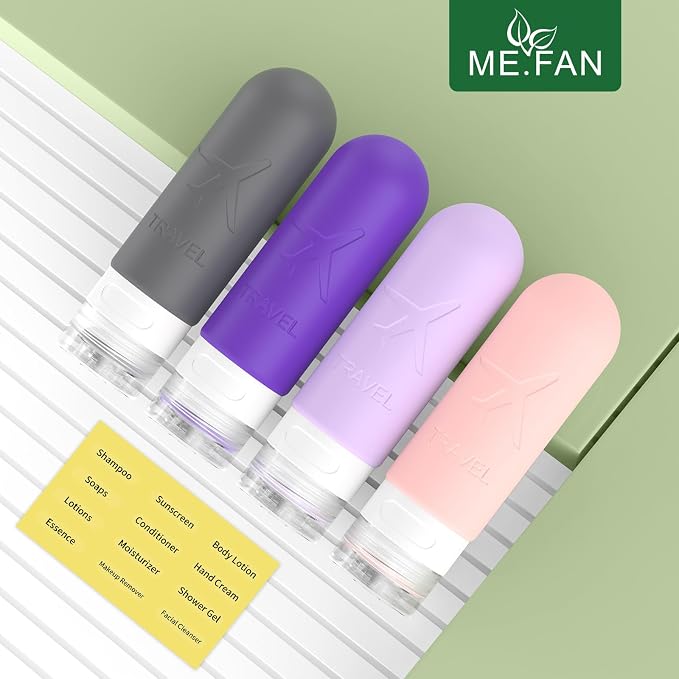 ME.FAN Travel Bottles for Toiletries,3oz Silicone Travel Size Containers, TSA Approved Squeezable Portable Split Bottle, Travel Accessories for Conditioner Shampoo Lotion - 4 Pack Purple