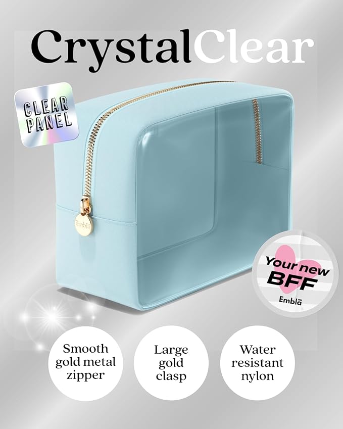 Embla 3 Piece Clear Makeup Bag Set for Toiletries Large Medium Small Skincare Organizer Zipper Pouches Travel Toiletry Bathroom Bags Women Girls Cute Make Up Cosmetic Nylon Pouch Blue