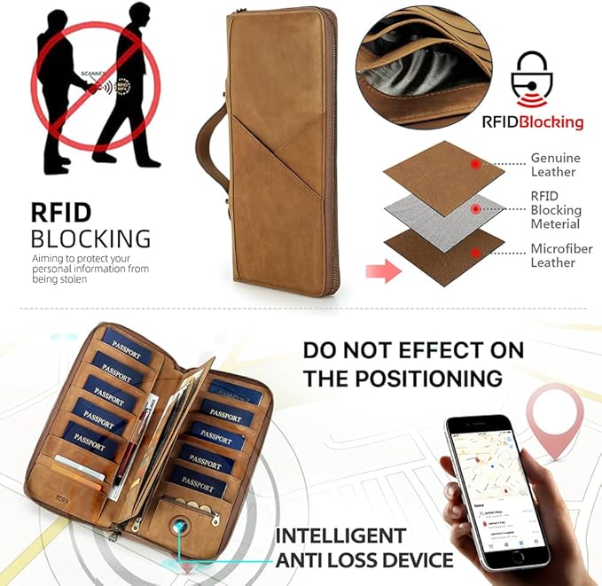CONTACTS Family Passport Holder for 10 Full Grain Leather Passport Holder Compatible with Airtag Family Travel Document Organizer Multiple Passport Wallet with Rfid Blocking (Brown)