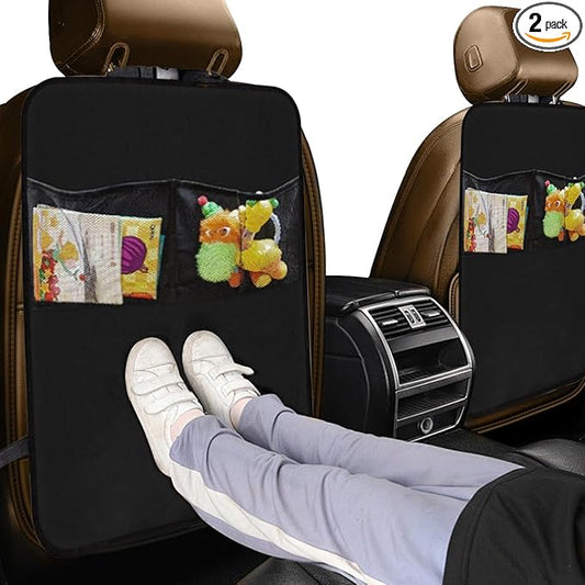 2PCS Car Backseat Organizer - Vehicle Seat Back Protector Kick Mats for Kids - Waterproof Car Back Seat Cover with 2 Storage Pockets - Road Trip Essentials Travel Accessories for Car SUV Truck