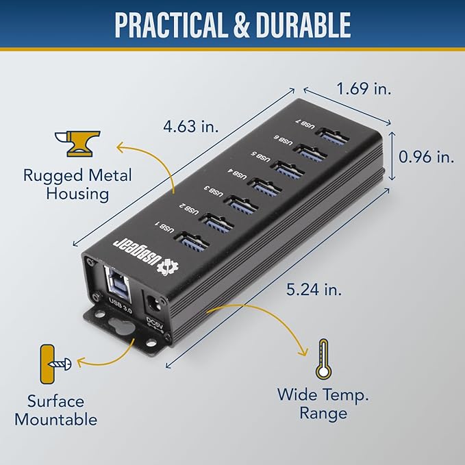 USBGear 7-Port USB Hub 3.2 Gen 1 – Mountable SuperSpeed Data Hub with USB Ports for Laptop, PC, Desktop, and More, 5V/4A Power Adapter with Type-A to Type-B Cable (3ft), Computer Accessories