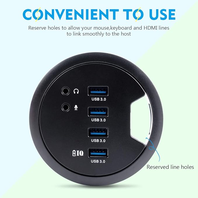 WDX Desk-Fit (Diameter 3.14" or 80MM) 4 Port USB 3.0 Hub with 3.5mm Audio Mic Phone Jack/BC 1.2 USB Charger, 5V/2A Power Adapter for iPhone/Smart Phones(usb3.0 4 Port)(AC Power Supply Included)