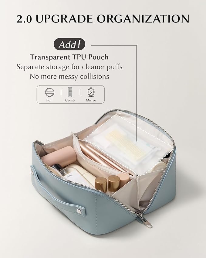 EACHY Travel Makeup Bag, Large Capacity Cosmetic Bag for Women, Waterproof PU Leather, Flat Open Portable Toiletry Bag for Skincare, Brushes & Travel Essentials