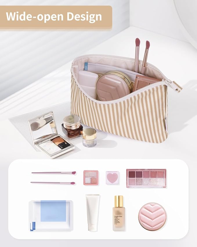 Narwey Small Striped Makeup Bag for Purse Travel Makeup Pouch Cosmetic Bag Zipper Pouch Bags for Women (Brown Stripe)