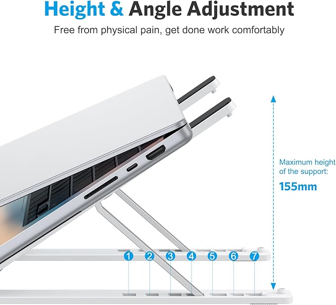 OMOTON Laptop Stand, Laptop Stand for Desk Ergonomic 7-Levels Angles Adjustable Computer Stand, Portable ABS Laptop Riser Holder Compatible with All Laptops and iPad（10-15.6", White