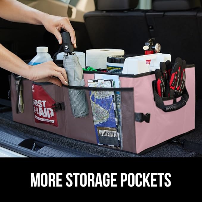 GORILLA GRIP Large Capacity Sturdy Trunk Storage Organizer, Slip and Water Resistant Collapsible Organization Container for Car Sedan or SUV, Multi Compartment Box Vehicle Accessories, Pink