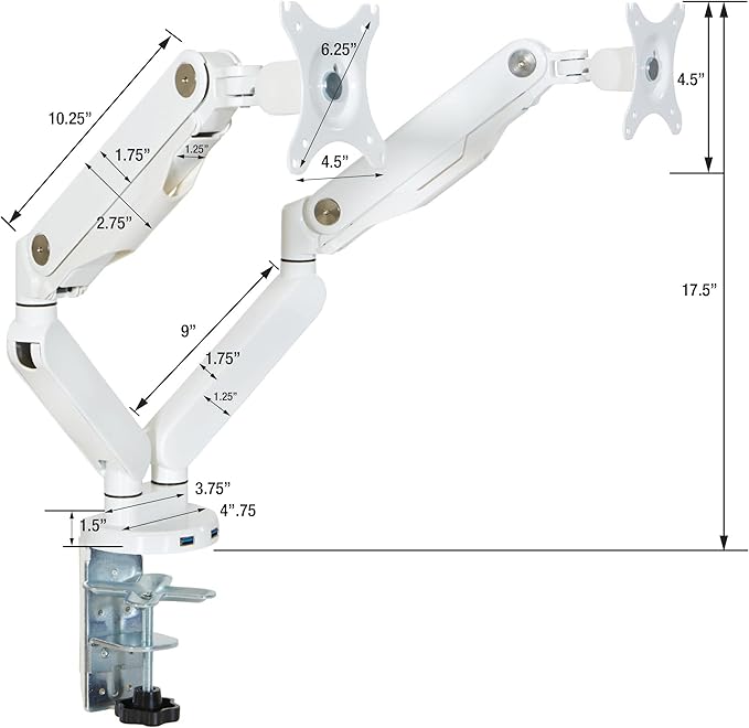 Office Star Ascend II Double Monitor Arms with Dual USB 3.0 Ports, 3-Point Rotation and VESA Mounting Bracket for 17-inch to 30-inch Monitors, Black