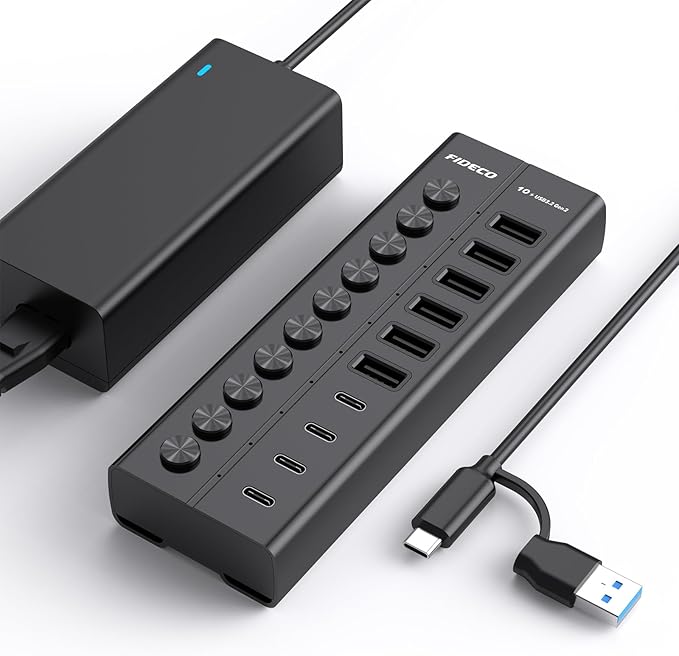 FIDECO 60W Powered USB Hub for Laptop and PC, 10-Port 10Gbps USB Splitter with 12V 5A Power Adapter, Aluminum USB 3.2 Gen 2 Multiport Adapter, 6 USB-A and 4 USB-C Ports, Support BC1.2 Charging (Black)