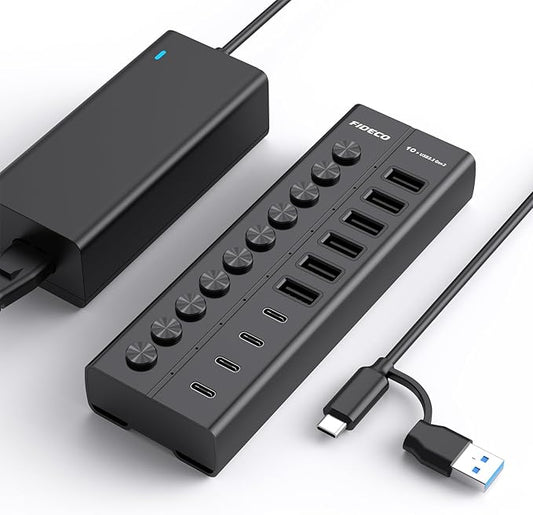 FIDECO 60W Powered USB Hub for Laptop and PC, 10-Port 10Gbps USB Splitter with 12V 5A Power Adapter, Aluminum USB 3.2 Gen 2 Multiport Adapter, 6 USB-A and 4 USB-C Ports, Support BC1.2 Charging (Black)