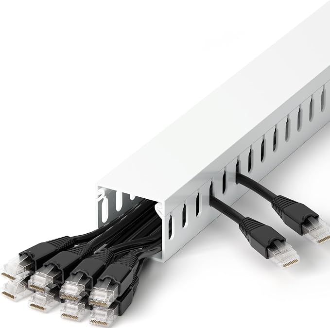 ZhiYo H1.4 W1.6 in Server Rack Cable Management Raceway, 12ft (4 X L3ft) Cable Raceway Kit, Electrically Safe PVC Open Slot Wire Cord Hider for Under Desk/Computer/Network Cords, White