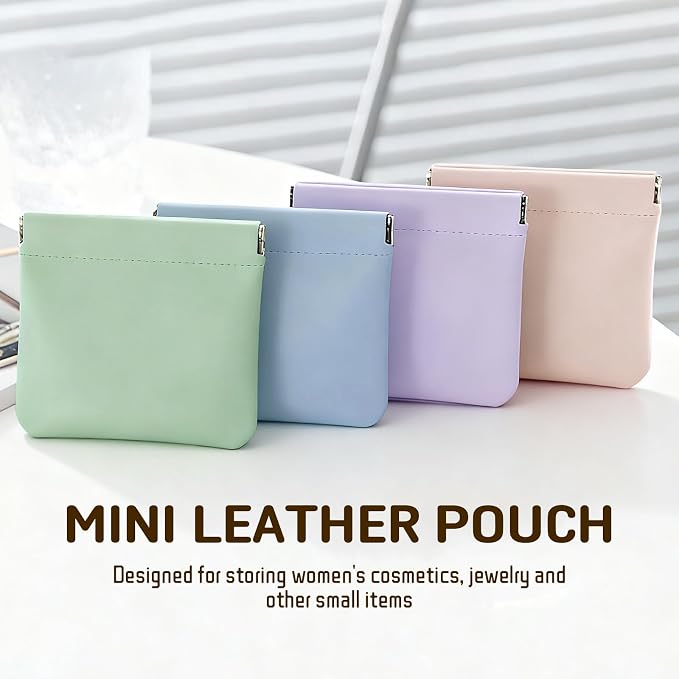 Leather Organizer Pouch, 4PCS Personalized Snap Closure Cosmetic Bags, Mini Waterproof Storage for Purse Jewelry Makeup, Portable Self-Closing Pocket (4.7x4.5in)