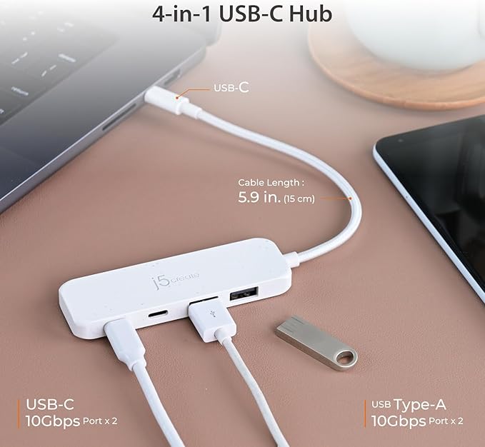 j5create 4-in-1 USB-C to 4-Port Type-A & Type-C Hub(Eco-Friendly), USB-C Hub with 10 Gbps 2 USB-A & 2 USB-C | Compatible with MacBook Pro, MacBook Air, iPad, Mac Mini and More Type C Devices(JCH342EW)