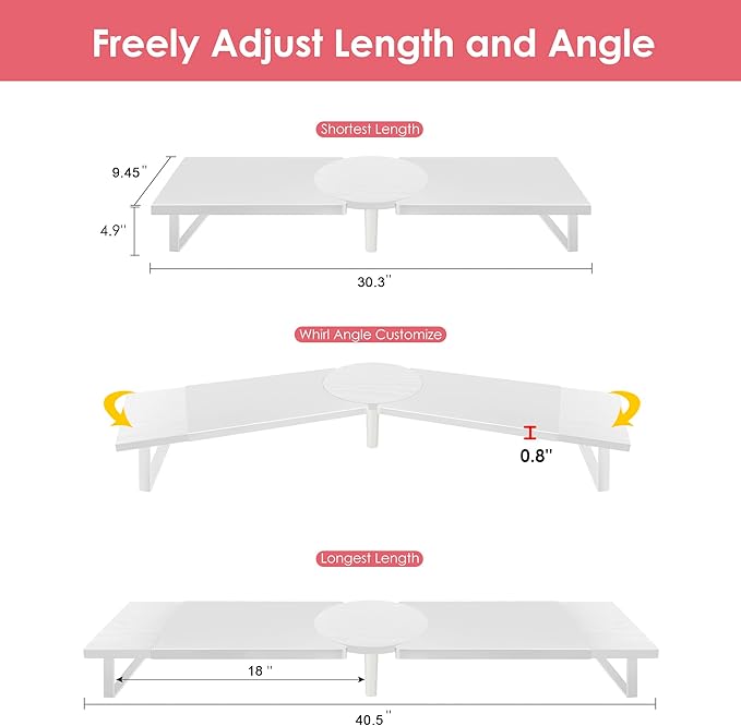 Dual-Monitor Stand for Desk - Large Adjustable Length and Angle Riser for 2 Monitors, Double Computer Desktop Organizer, Shelf for TV, Laptop, Printer