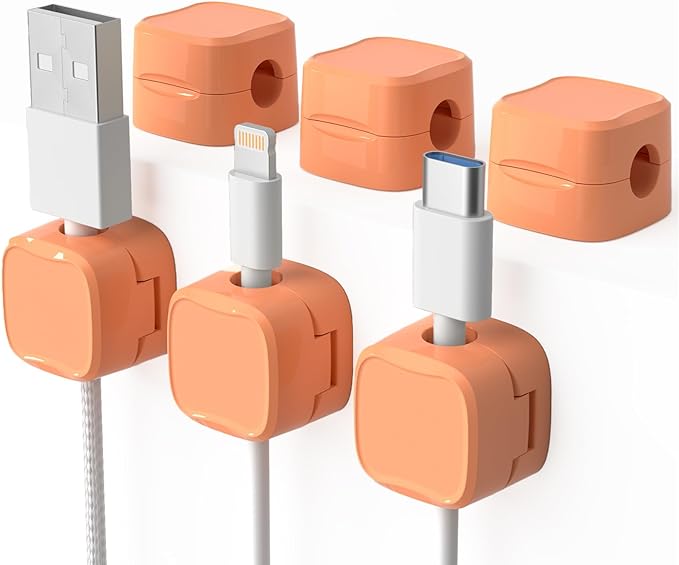 6 Pack Magnetic Cord Organizer & Cable Clips - Adjustable Under Desk Cable Management, Adhesive Wire Holder for Home, Office, Phone, Car, Wall, and Nightstand (Orange)