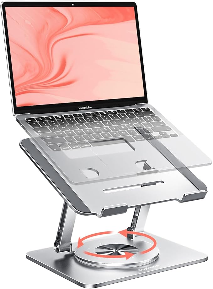 Laptop Stand for Desk, Adjustable Height & Angle Portable Aluminum Laptop Riser & Monitor Stand with 360° Swivel, Foldable Ergonomic Computer Stand for 10-17 Inch Laptops (MacBook/Dell/HP), Silver.