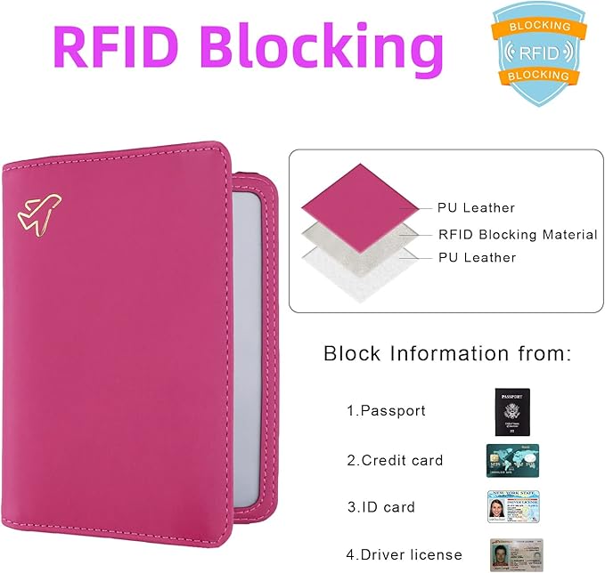 WALNEW AirTag Passport Holder, PU Leather Airtag Wallet RFID Blocking Passport Cover Travel Essentials Case for Women Men (Hot Pink)