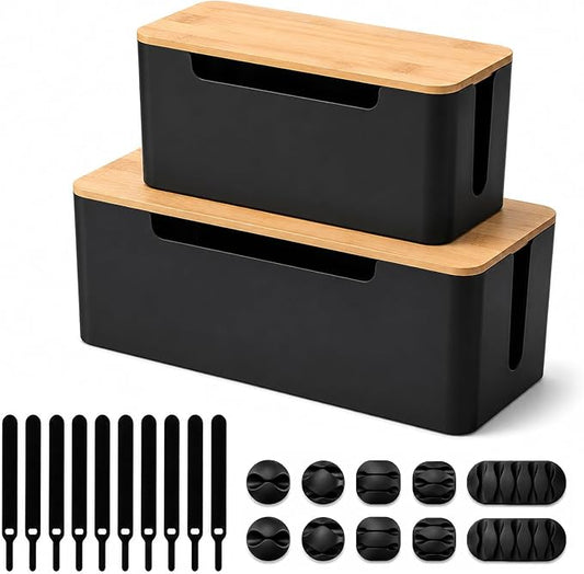 [Set of 2] Wood Cover Cable Management Box Set, Wire Ties Included to Organize Desk Cord Cables, Hide TV Computer Wires, Power Strips, USB Hub to Make Your Home, Office Neat and Clean (Black)