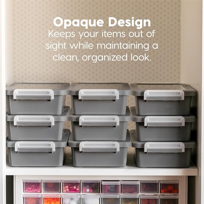 IRIS USA 3 Qt. Plastic Craft Storage Container Bins with Lids, 4 Pack, Small Art & Office Supply Organizer Tote, Sensory Bins & Boxes for Home & University, Stackable, Secure Latch Buckles, Gray