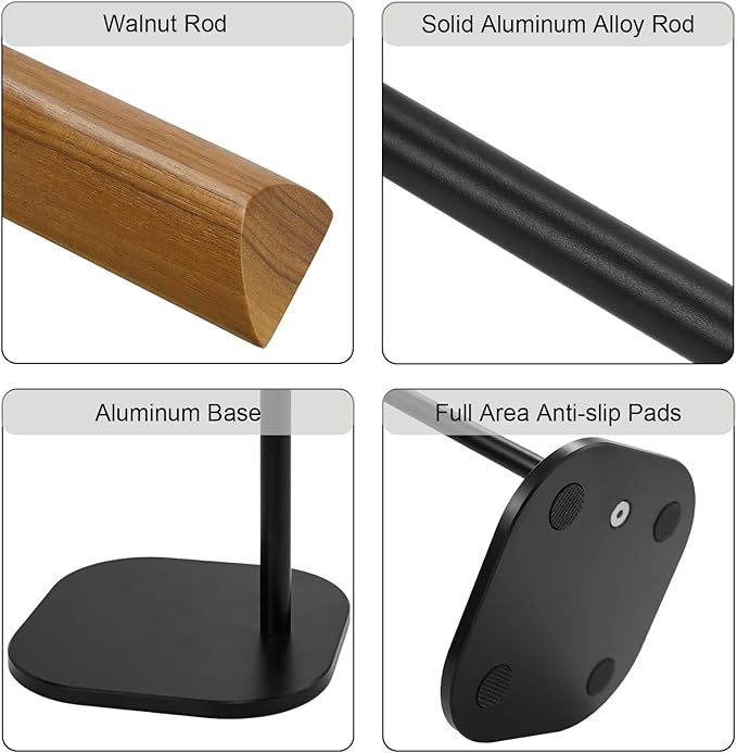 GEVO Headphone Stand for Desk, Walnut Wood & Aluminum Headset Stand, Universal Walnut Gaming Headset Holder with Solid Heavy Base for AirPod Max, Bose, Sony All Headphone Sizes (Square Base)