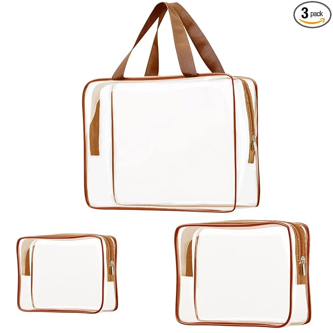 3Pcs Crystal Clear PVC Travel Toiletry Bag Kit for Women Men, Waterproof Vinyl Packing Organizer Storage Bags with Zipper Handle Straps, Cosmetic Pouch Carry on Airport Airline Compliant Bag Handbag