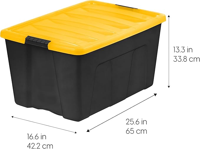 IRIS USA 72 Qt Stackable Plastic Storage Bins with Lids, 6 Pack - BPA-Free, Made in USA - Garage Organizing Solution, Latches, Durable Nestable Containers, Secure Pull Handle - Black/Yellow
