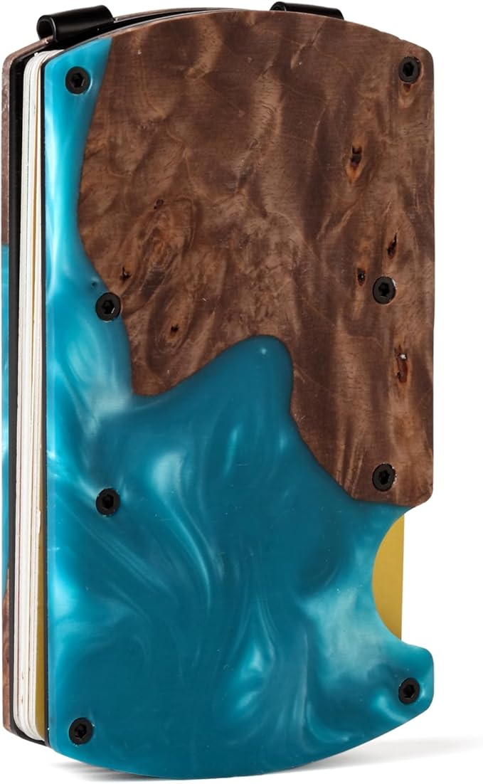 Slim Wallet for Men,RFID Blocking Minimalist Metal Wallet, Money Clip/Cash Holder, Front Pocket Aluminum Credit Card Holder, Ideal Gift for Men,Resin Light Blue-Wood