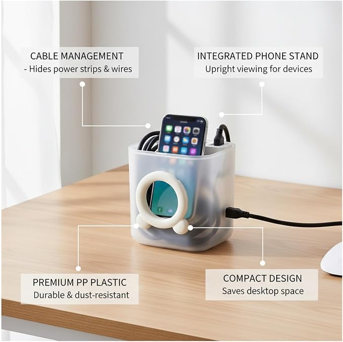 Desktop Cable Organizer Box, Compact Cord Management for Cables & Chargers, PP Plastic Case