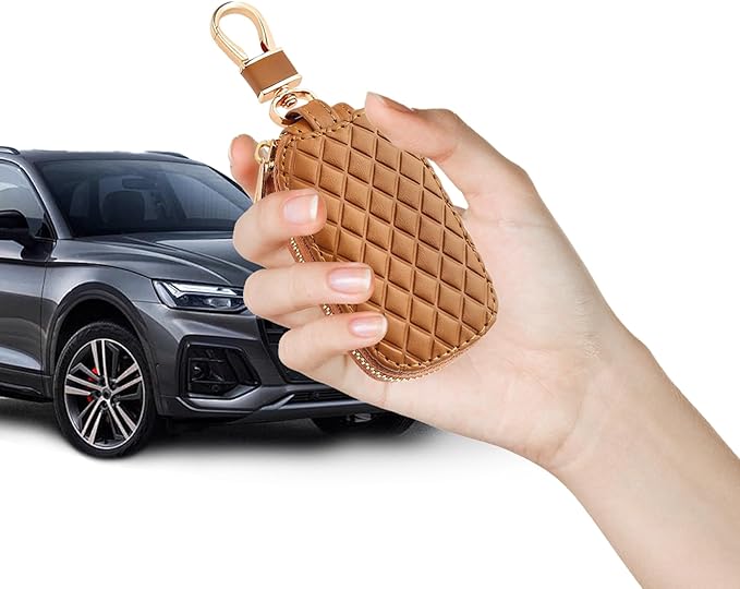 Key Fob Cover with Keychain, Key Fob Holder, Anti-Scratch Bag with Zipper, Leather Keychain Case Holder Fit Remote Key (Brown)