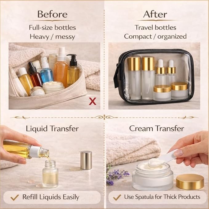 18Pack Glass Travel Bottles for Toiletries, TSA Approved Glass Travel Containers 1.35/0.7/1 oz Golden Small Travel Bottles with Label, BPA Free Leak Proof with Pump Spray Bottles for Makeup, Skincare