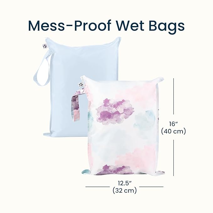 Tiny Twinkle Mess Proof Wet Bags | 2-Pack Reusable Waterproof Wet Bags for Swimsuits | Baby Clothes | Travel & Diaper Bag (Cotton Candy)