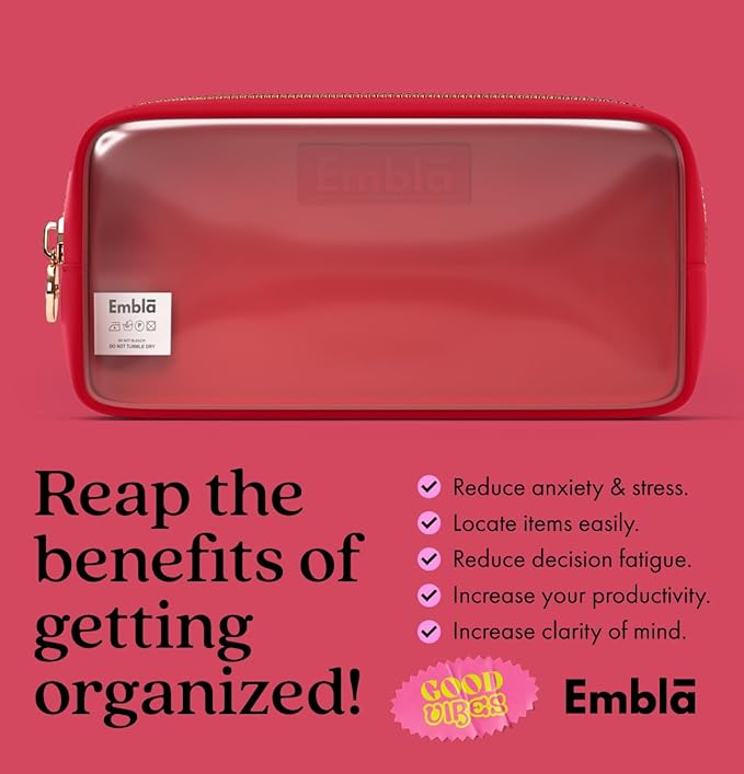 Embla Clear Cosmetic Bag Makeup Case, Clear Zipper Make Up Pouch and Toiletry Travel Tote, Cute Skincare Pouches for Women Girls, Preppy Purse Cosmetic Organizer, Small Makeup Bags, Ruby Red