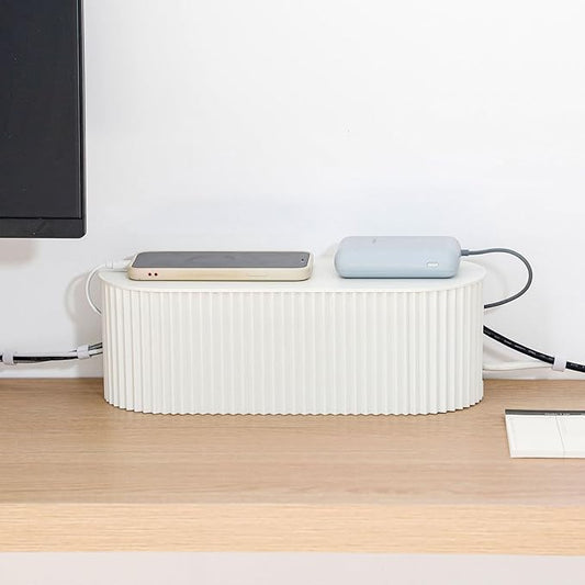 White Cable Box Organizer, Plastic Cord Hider Box with Lid for Desk and Floor, Power Strips Cover for Home, Office, Computer, TV, School, Kitchen, Surge Protector Cover (Small)