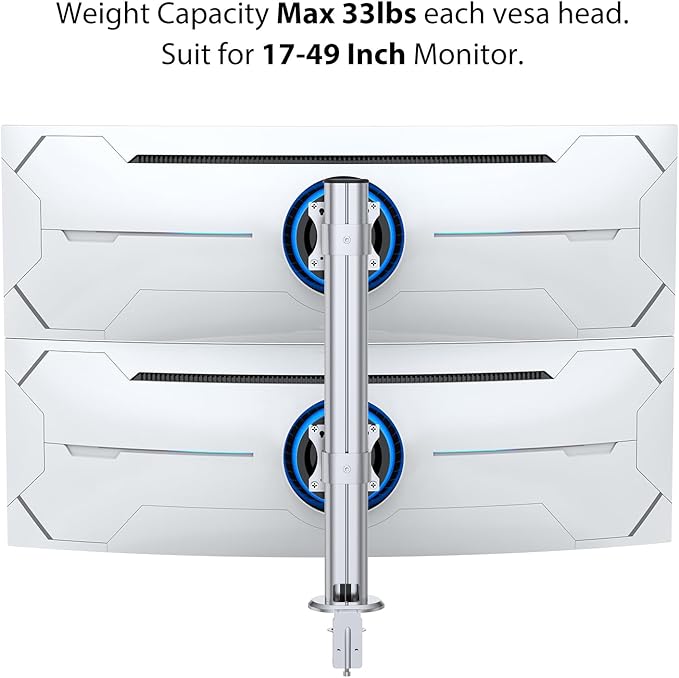 BEWISER Dual Monitor Desk Mount- Vertical Heavy Duty Monitor Stand Clamp Mount Fits Two 17 to 49 Inch Screen with Swivel, Tilt, Height Adjustable,Weight Capacity up to 33 lbs