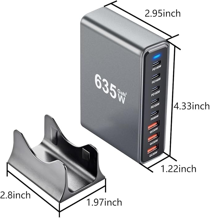 635W GaN Super Fast Charging Station for Multiple Devices,8 Port USB C Charger Stations for iPhone,iPad,MacBook,Tablet,Android Cell Phone,Type C 200w Desktop Multi-Device Charging Hub Block